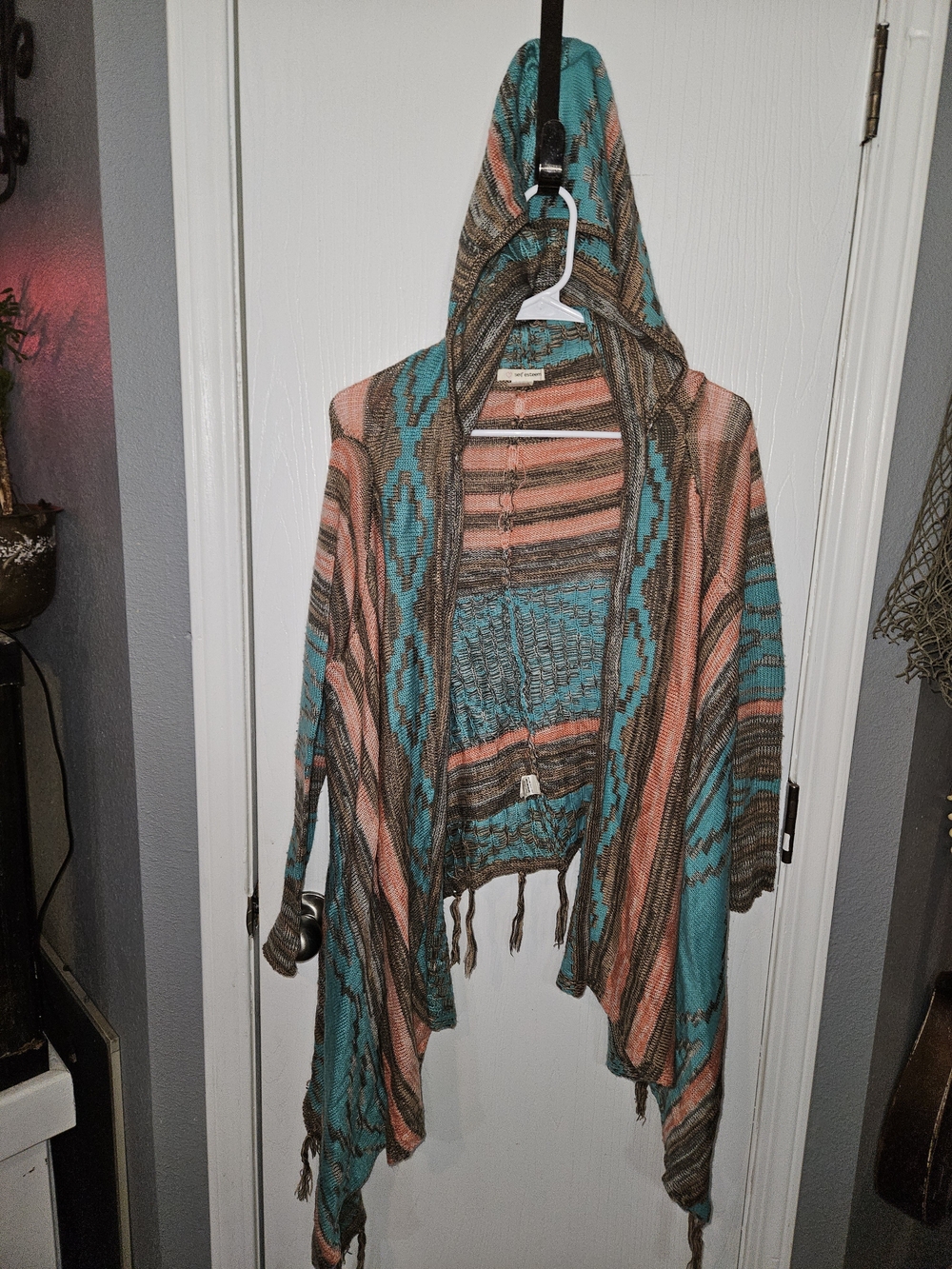 Self Esteem Hooded Striped Crochet Cardigan in Teal, Coral and Brown